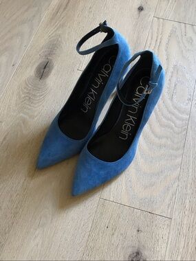 Calvin Klein Suede Pointed-Toe Ankle-Strap Pumps in Blue